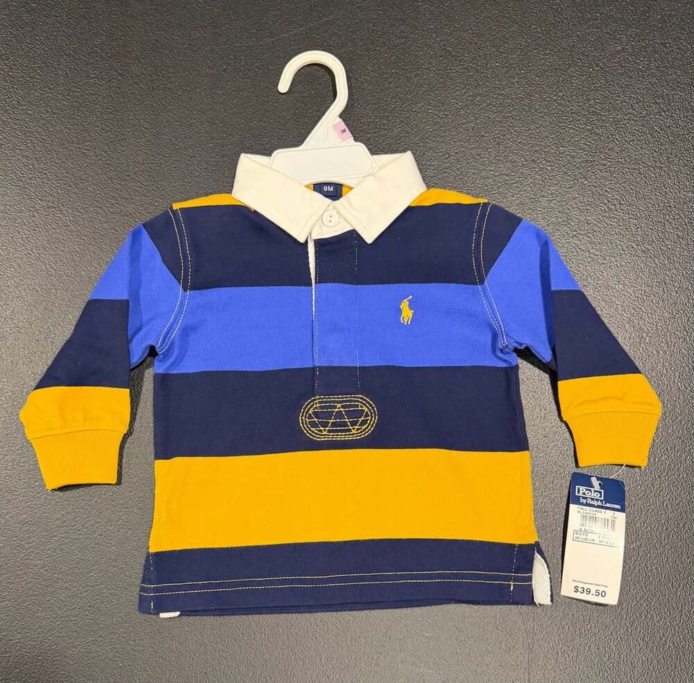 NWT Vintage Y2K Polo Ralph Lauren Striped Rugby Shirt Size 9M Blue Yellow